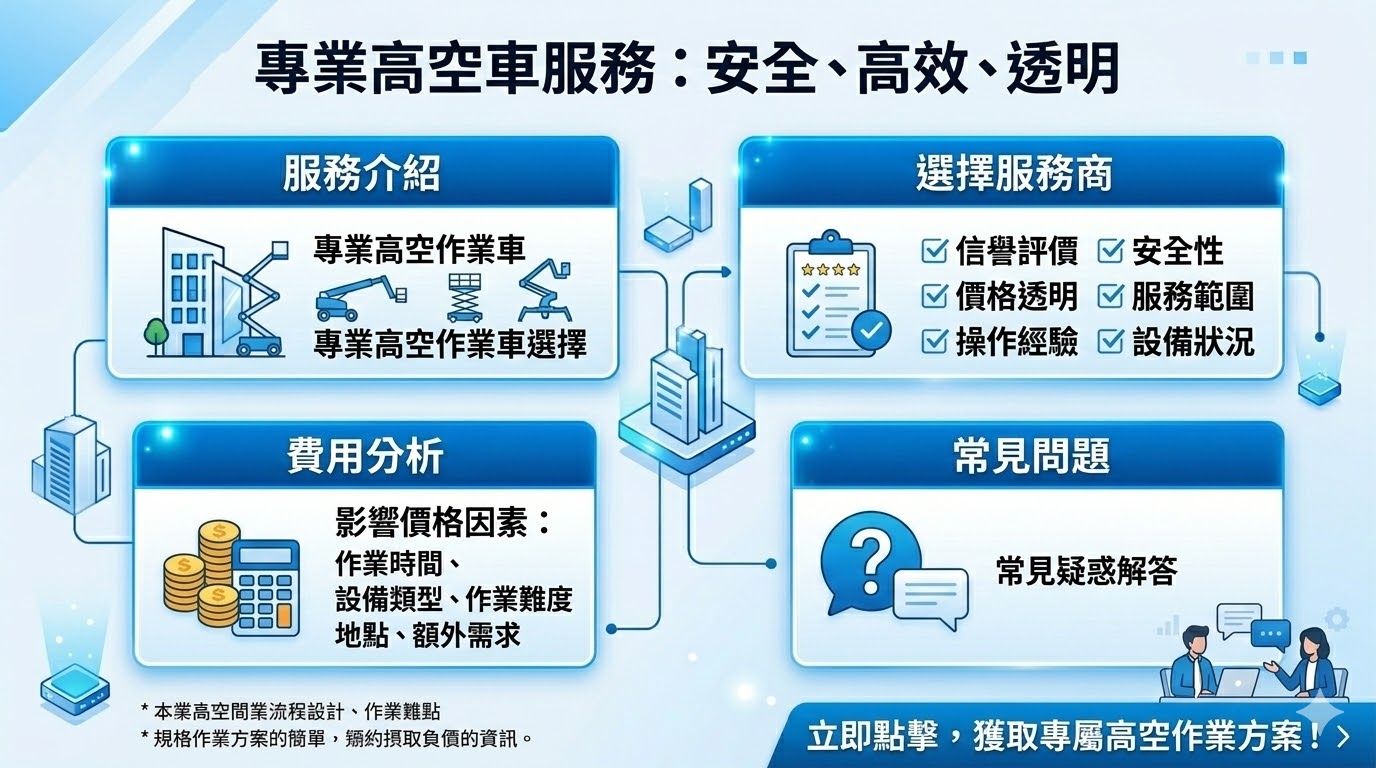 高空車是一種專業的作業車輛，常用於高空維修、清潔、安裝等工作。它提供穩定的高空平台，確保工作人員能夠安全、高效地完成高空作業。無論是建築工程、電力設施維修還是其他高空需求，高空車都是重要的工具。選擇適合的高空車服務商，能夠有效提高工作效率並降低風險。